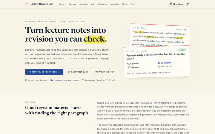 The Lecture Revision Lab landing page in the light theme: a cited passage card and a reviewed multiple-choice question beside the introduction.