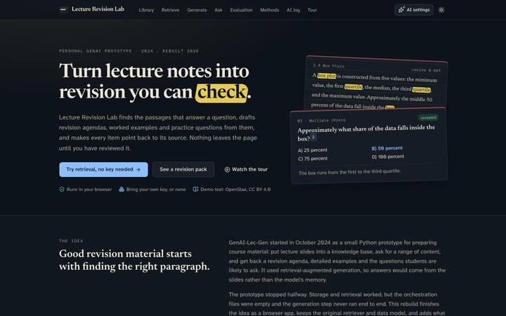 The Lecture Revision Lab landing page in the dark theme.