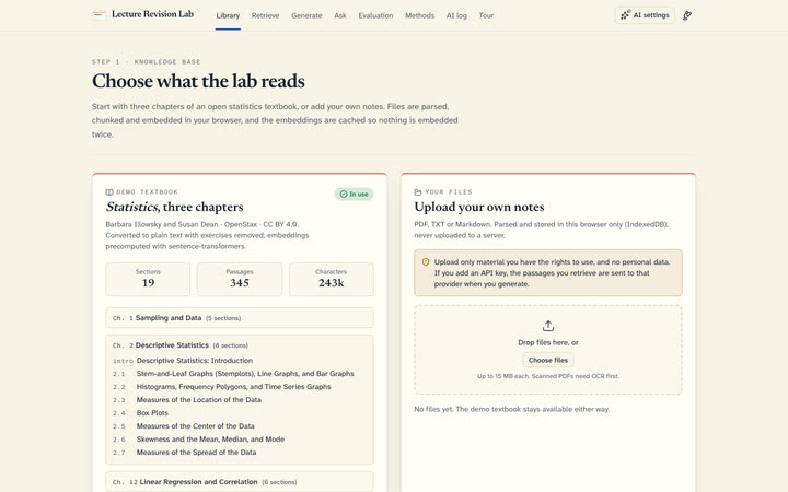 The Library page with the OpenStax Statistics demo textbook in use (19 sections, 345 passages) and the panel for uploading your own notes.
