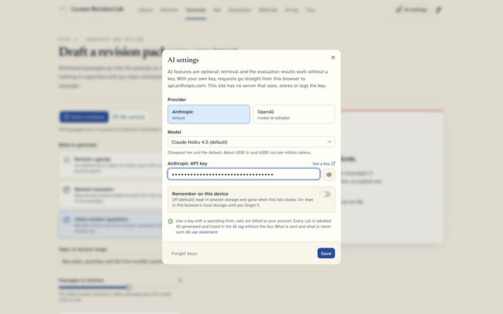 The AI settings dialog: Anthropic or OpenAI, the model choice, the key field, the remember-on-this-device switch and where requests go.