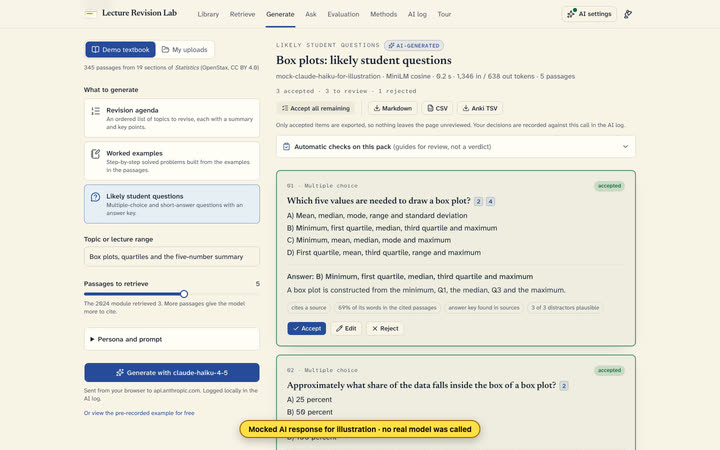 A generated set of practice questions labelled AI-generated, with citation chips, automatic checks, and items marked accepted, edited and rejected. A banner marks the response as mocked.