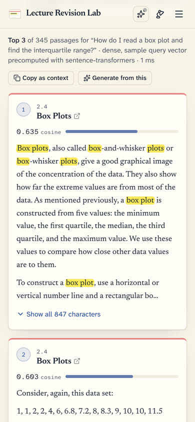Retrieval results for a sample question on a phone, with cosine scores and highlighted words.